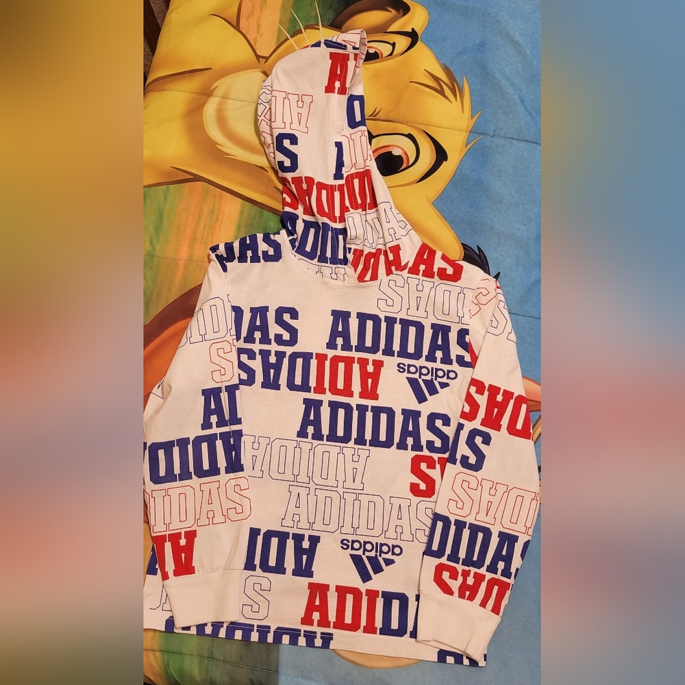 Adidas Kids' White Hoodie with Red and Blue Logo